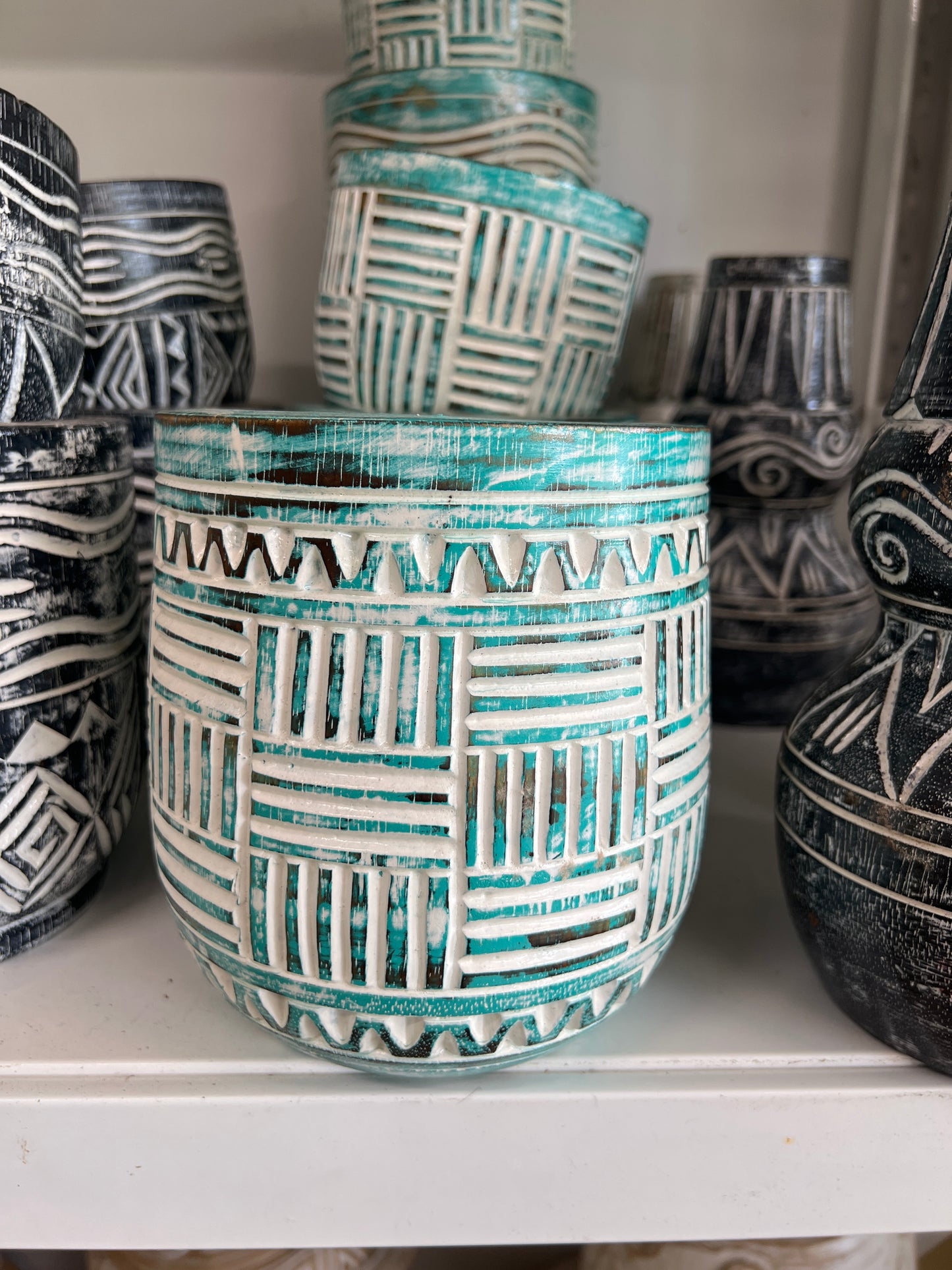 Coloured Carved Wooden Bowl