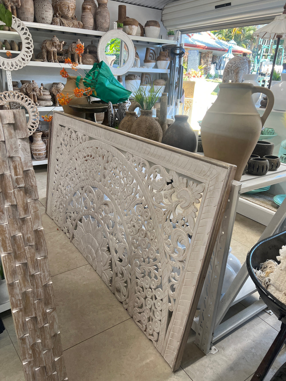 White Washed Wooden Carved Bed Head