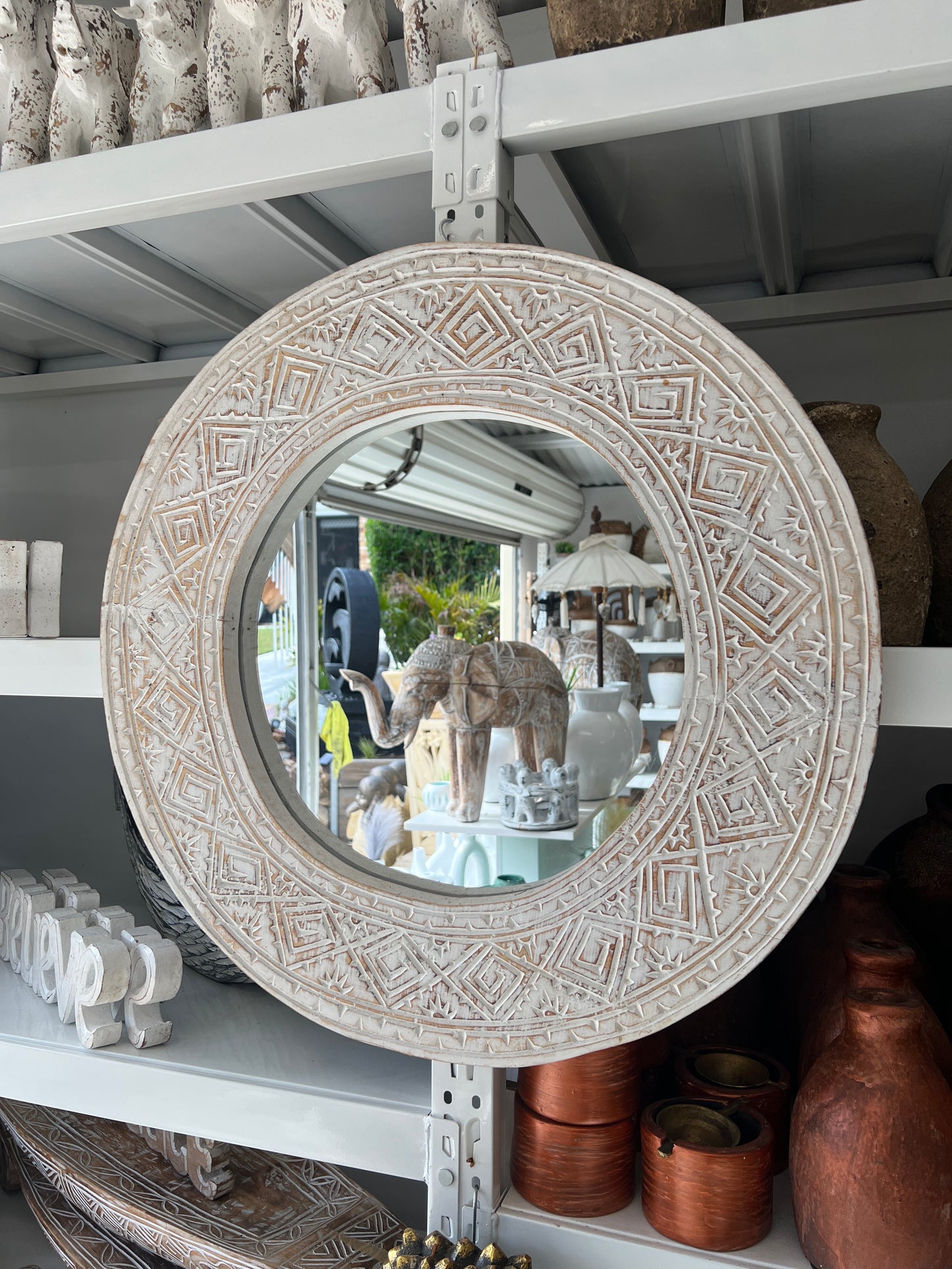 Ancient Pattern Round Wooden Mirror