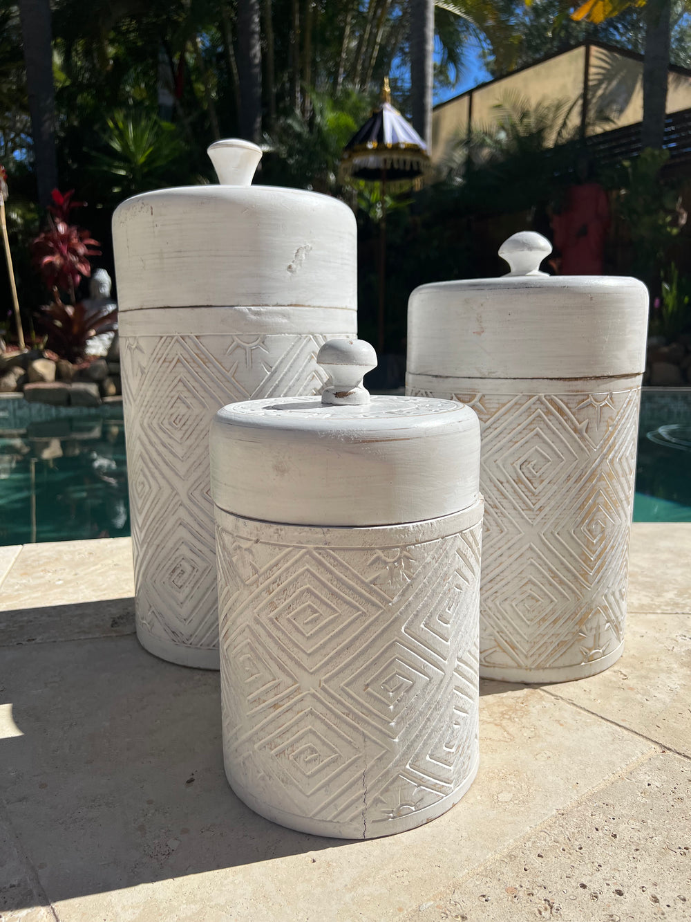 Wooden Tribal Carved Barrel - White Washed