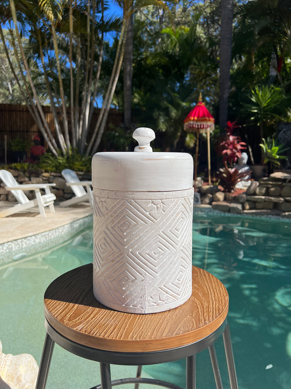 Wooden Tribal Carved Barrel - White Washed