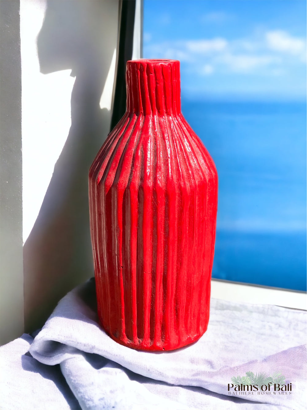 Bright Red Ribbed Vase